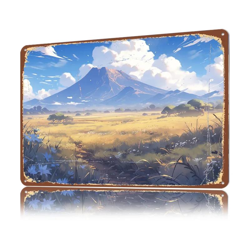 Anime Mountain Landscape D Texture Printed Poster Custom Vintage Metal Tin Plate Sign for Wall Art Modern Home Decoration House