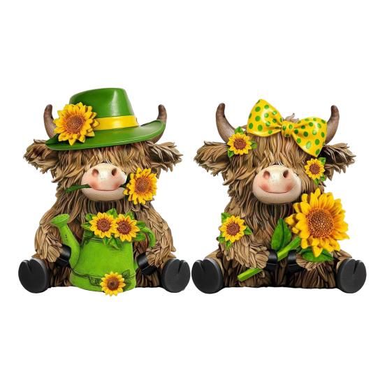 2 Pcs Sunflower Highland Summer Scottish Cattle Cow Figurine Spring Sculpture Cute Farm