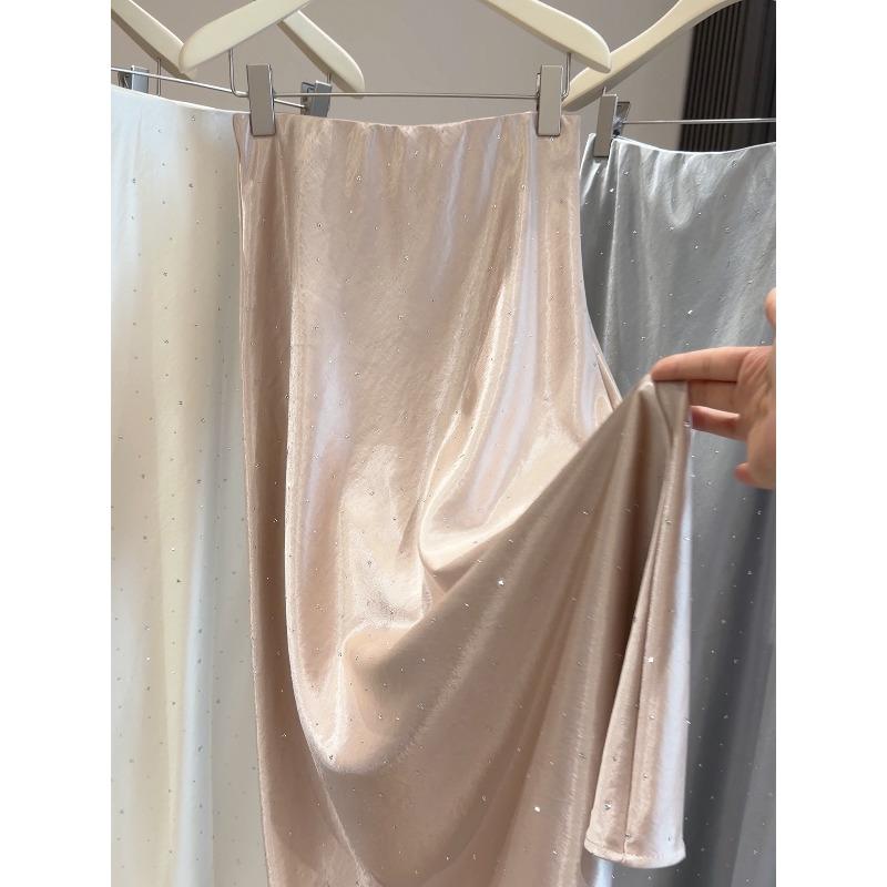 Tall Acetate Satin Hot Diamond Skirt Women's Spring New French High Waist Skinny Hips Fish Tail Dress