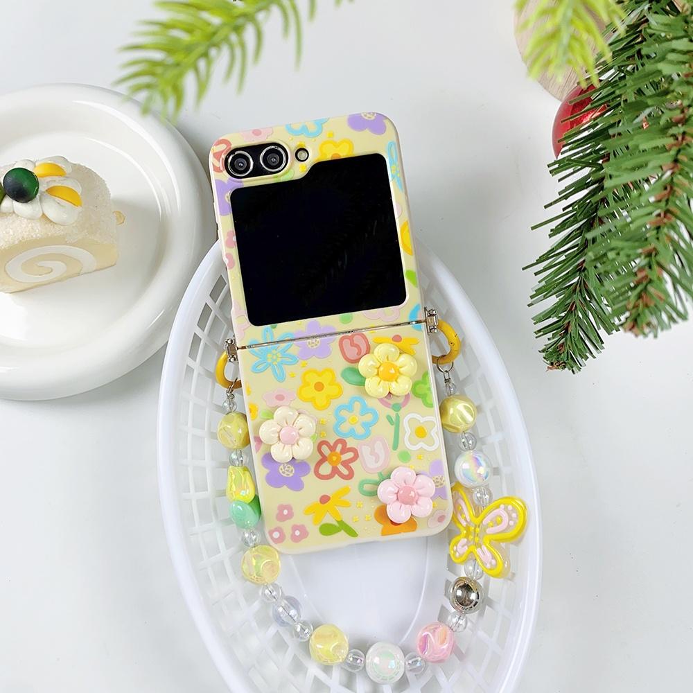 

Cute Cartoon 3D Flower Bracelet Case for Samsung Galaxy Z Flip 6 5 4 3 Flip6 Colorful Beads Wrist Chain Soft Shockproof Cover Galaxy Z Flip4