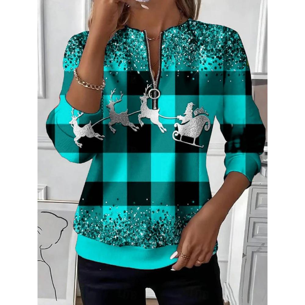 Women's Quarter Zipper Sweater Pullover Plaid Xmas Casual Active Sportswear Half Long Sleeve Top Micro-elastic Fall & Winter Comfrt Breathable