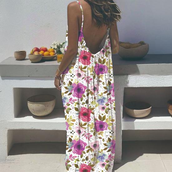 Women Long Slip Dress Breathable Summer Floral Print Casual Sleeveless Dress Spaghetti Strap Loose Swing Hem Ankle Length Beach Dress