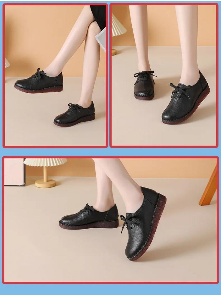 Johnature Genuine Leather Soft Soled Women's Shoes Casual Solid Color Versatile Lace-up Flats