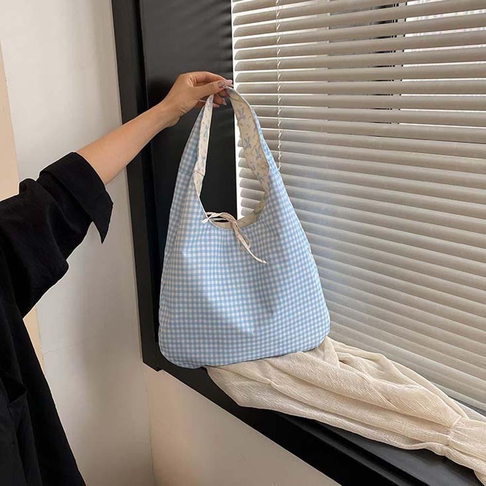 Sweet Plaid Nylon Vest Pouch Lace Decoration Tote Bag Simple Women Bow Printed Handbag  Storage