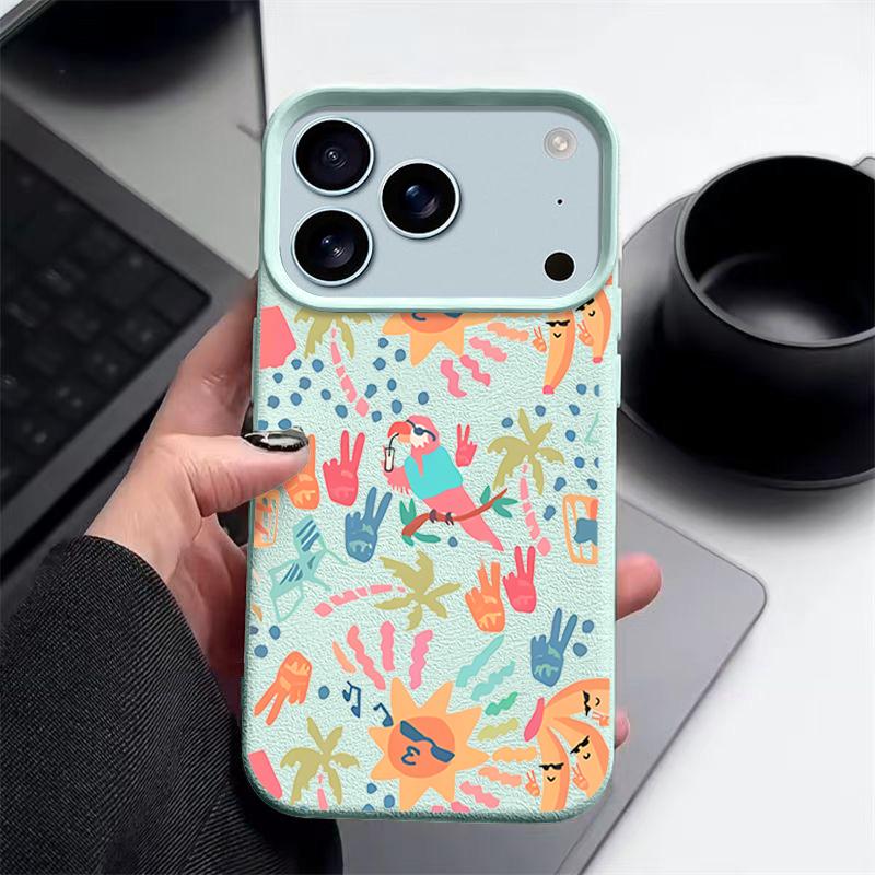 For iPhone 17 Pro Max Case Luxury Colorful Cartoon Pattern Leather Texture Silicone Cover For iPhone 16 Pro Max 15 14 13 12 11 16E Air