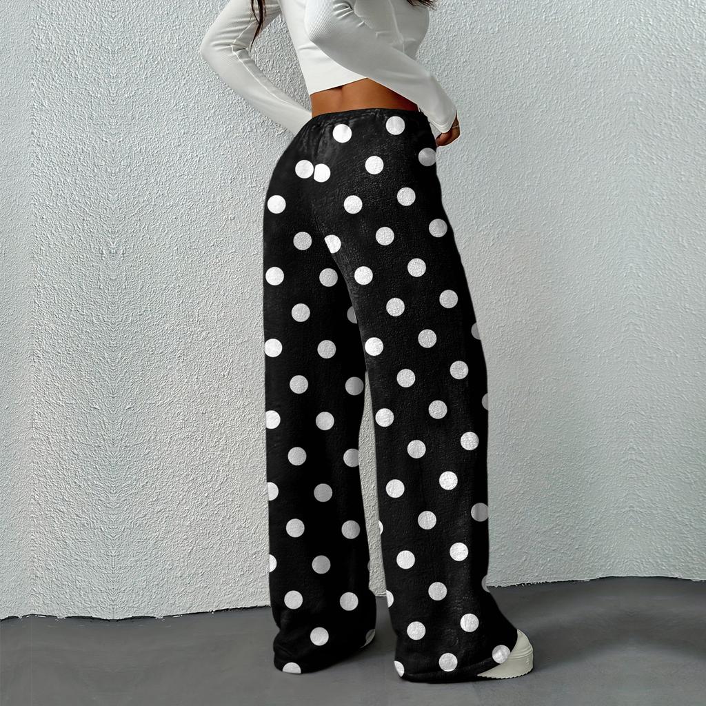 Kvinners avslappet mote trykte elastisk midje løse rette ben bukser med snor