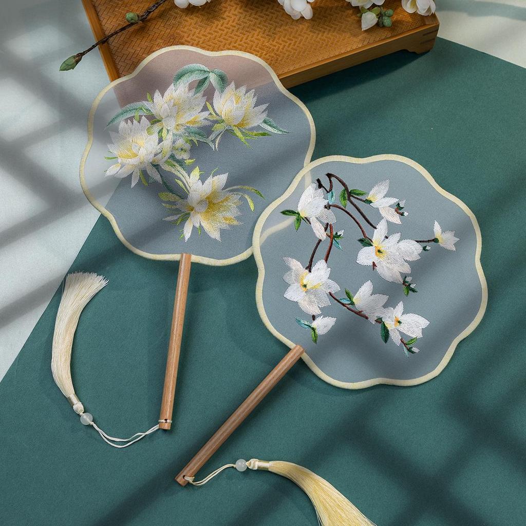 Chinese Embroidered Eight-Petal Round Dance Fan with Tassel - Perfect for Hanfu and Qipao Costumes