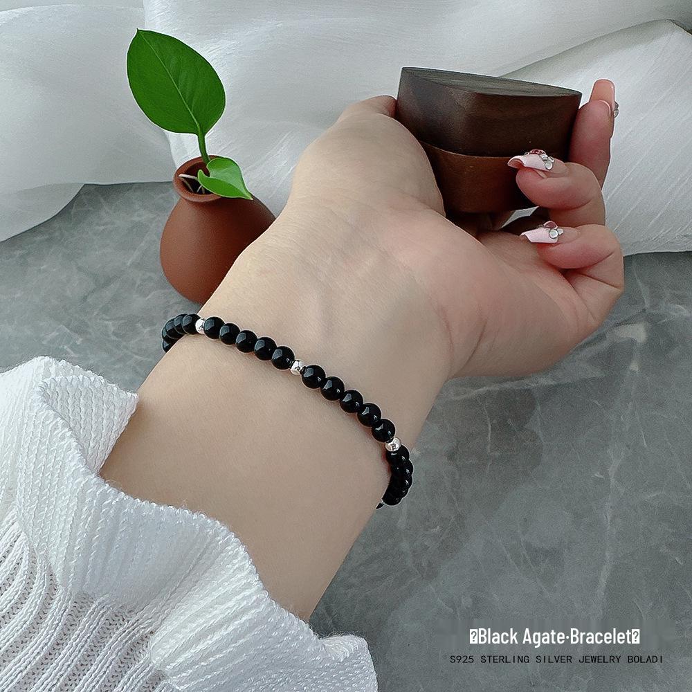 Vielseitiges S925 Sterling Silber & Schwarzer Achat Minimalistisches Mehrreihiges Armband für Damen