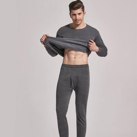 2 Pcs/Set Winter Men Thermal Underwear Set Round Neck Long Sleeve Warm Thick Pure Color Slim Fit Elastic Open Crotch Men Pajamas Set Homewear Clothing