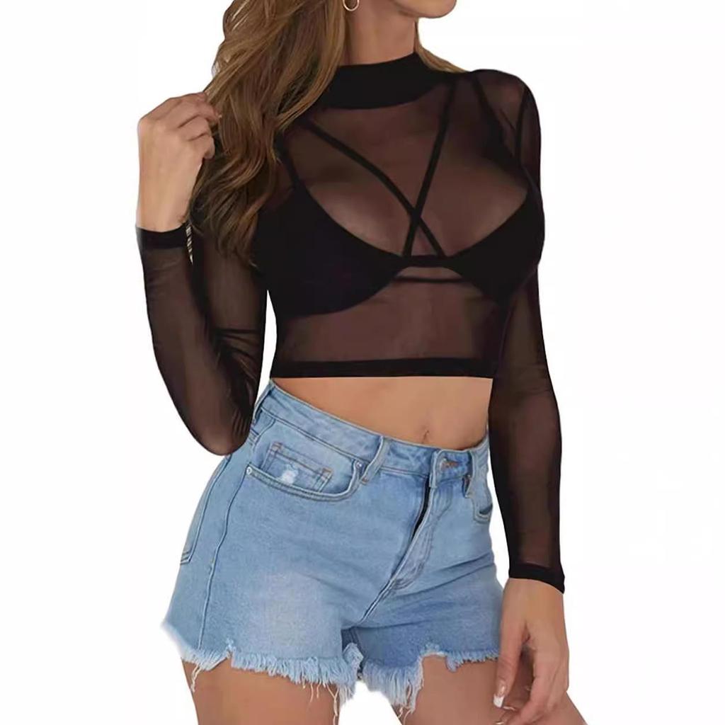 Dámský průsvitný síťovaný crop top s dlouhým rukávem