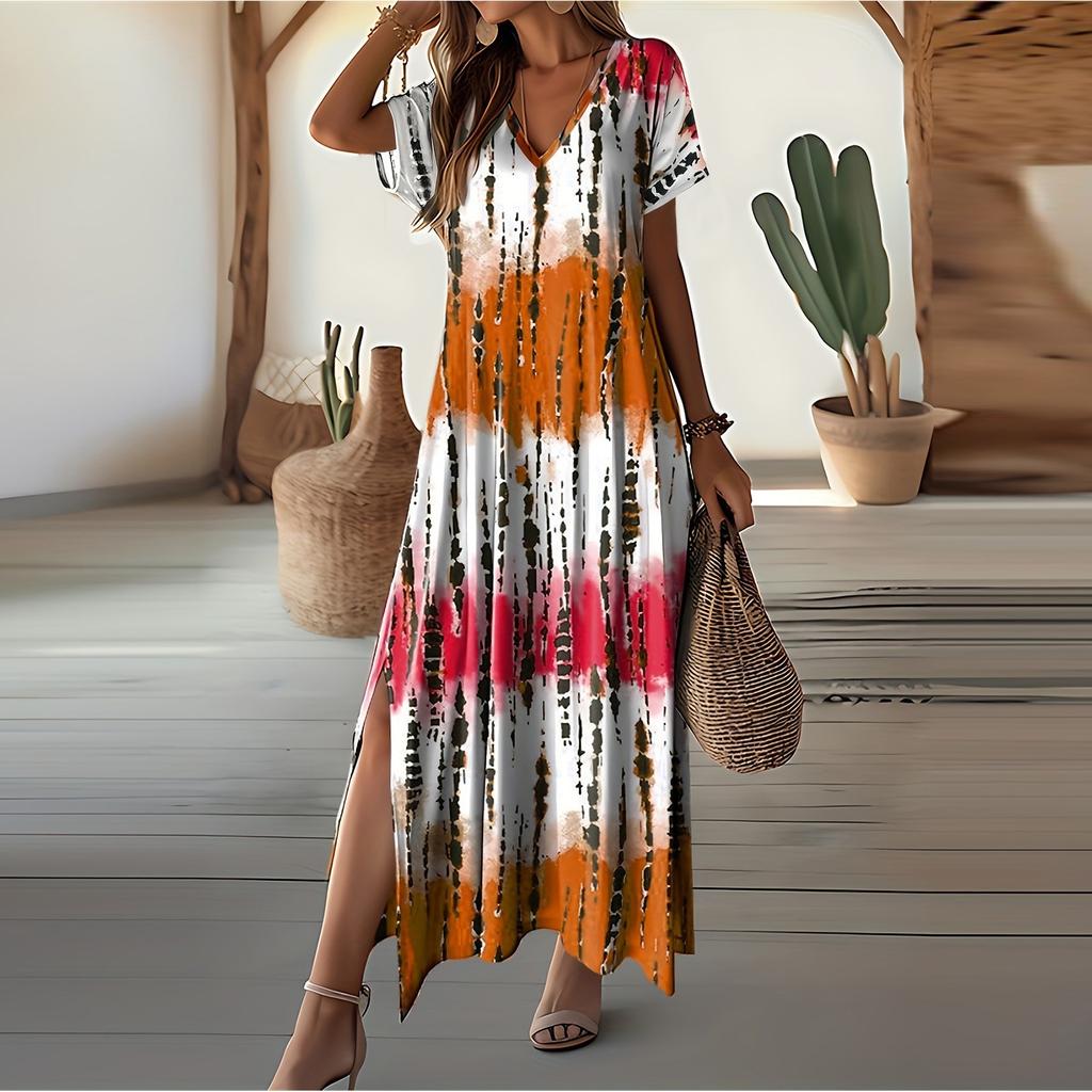 Damen Modisches Bedrucktes V-Ausschnitt Kurzarm Lockeres Kleid
