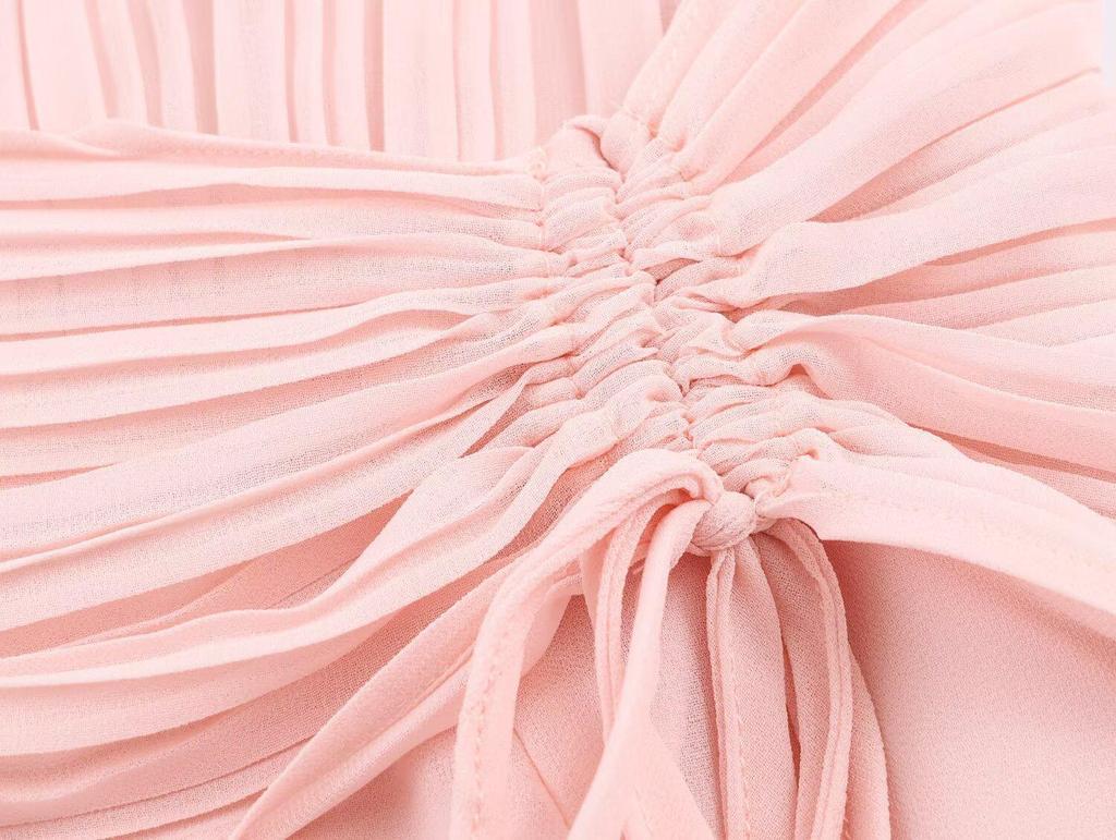 2026 Spring Women's European Style Pink Chiffon Long Dress with Short Sleeves
