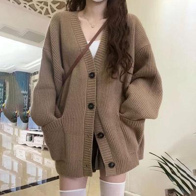 2025 Plus Size V-Neck Knit Cardigan: Loose, Mid-Length, Pocket Sweater Coat, Lazy Korean Style, Autumn Collection for Women