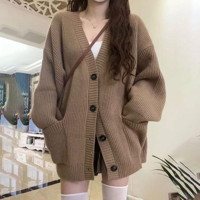 2025 Plus Size V-Neck Knit Cardigan: Loose, Mid-Length, Pocket Sweater Coat, Lazy Korean Style, Autumn Collection for Women
