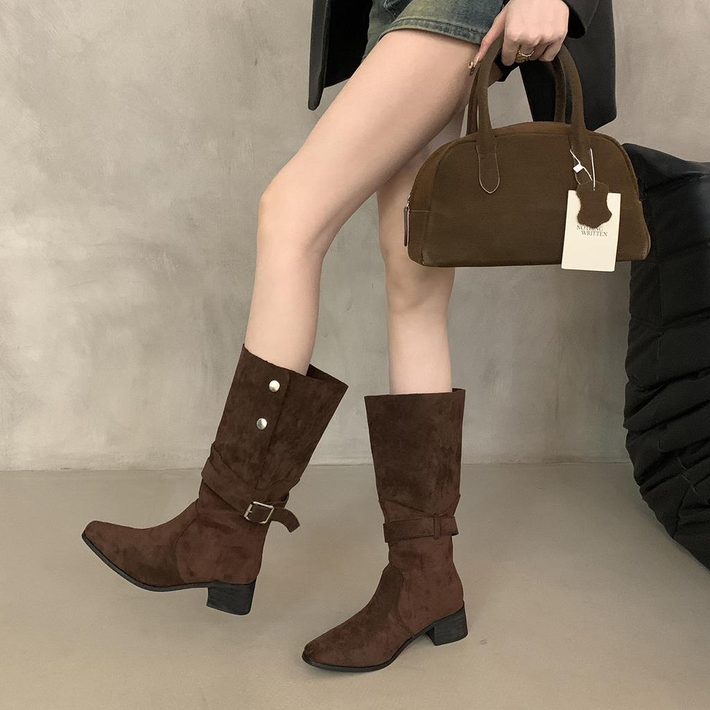 Square head thick heel khaki medium boots women's new belt buckle folded two wear western cowboy slim boots