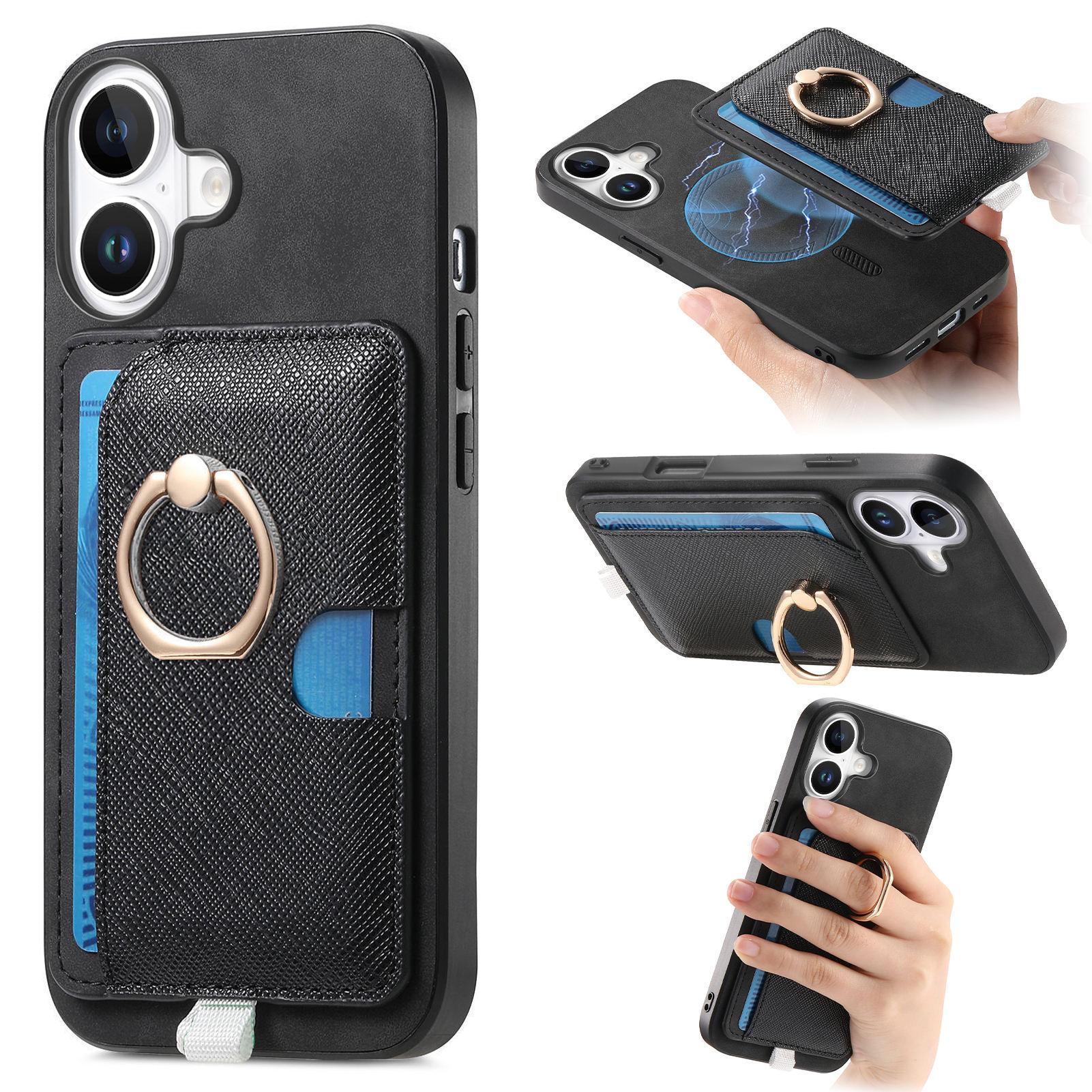 

For iPhone 16 Case Ring Kickstand Leather+TPU+PC Phone Cover Detachable 2-in-1 Card Holder Black