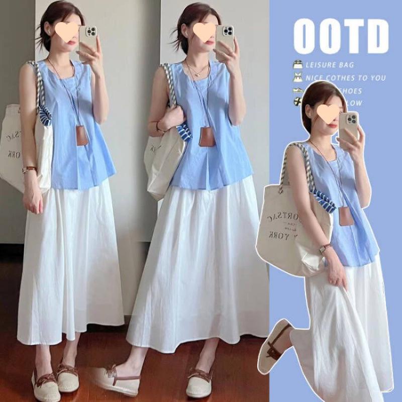 Korean Style Loose-Fit Maternity Summer Two-Piece Set: Top & Skirt 2XL