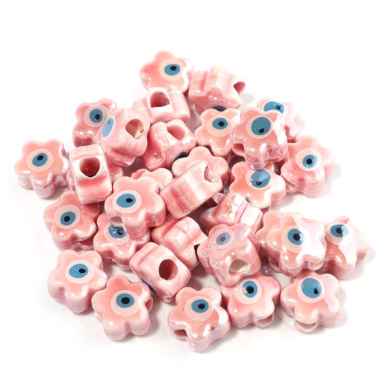 10Pcs/Lot 10mm Ceramic Beads Colorful Flower Shaped Evil Eye Large Hole Loose Beads For Bracelet Necklace Diy Jewelry Making