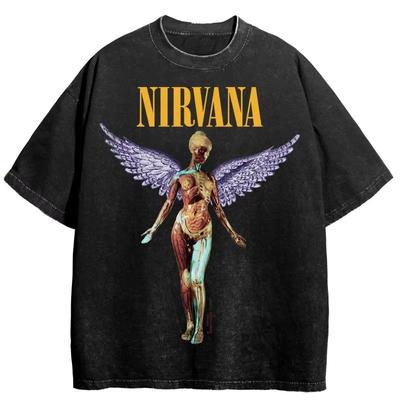 Nirvana Rock Band Men's Retro Cotton Washed Tee In Utero Album Man Women's Oversized Y2K Distress Tshirt Casual Loose Streetwear