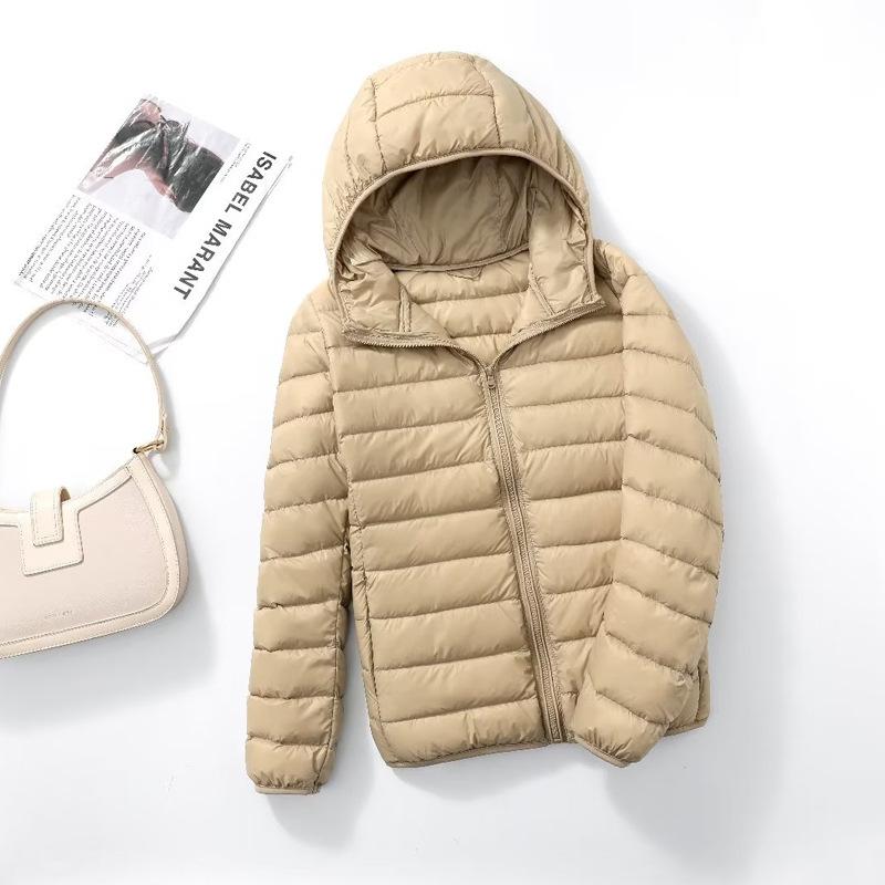 Down jacket women's light and thin fashion hooded short plus large size plus fat white duck down light European size coat