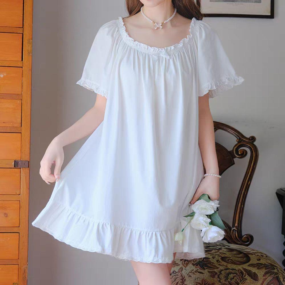 Short Sleeve Ruffle Nightdress Bowknot Princess Nightgown Elegant Women's Pajama Dress  Girls