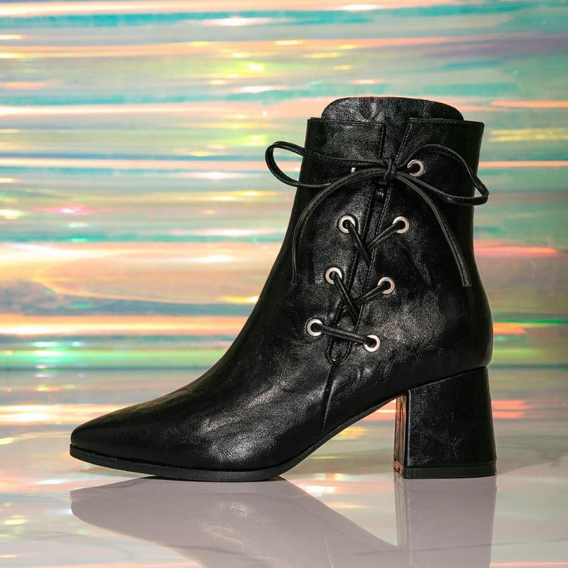 Fashion Sexy Pointed Toe Lace Up High Heel Ankle Boots Women Fashion Side Zipper Thick Bottom Designer Boots Big Size Black Botas Mujer