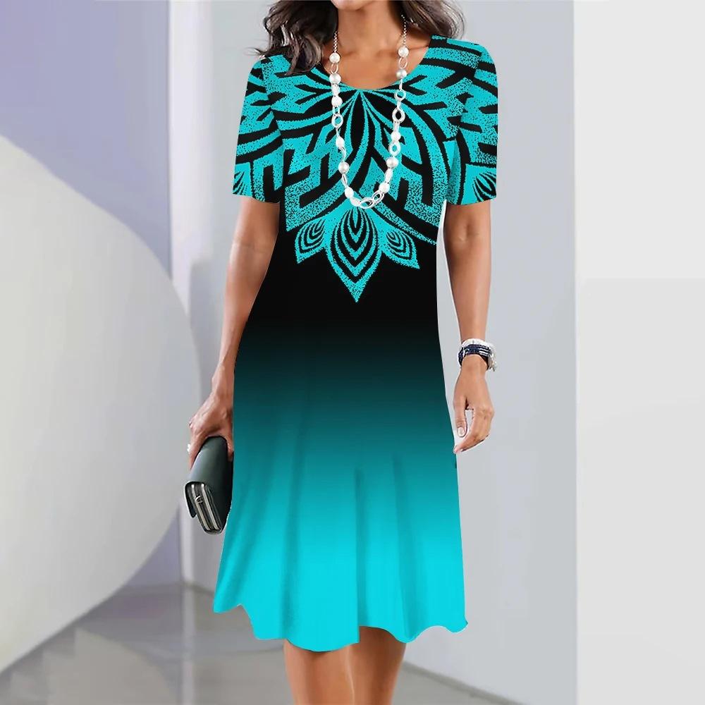 Elegant Fashion Short Sleeve T-shirt Dress Beach Vacation Midi Dresses Women 3d Print Clothing