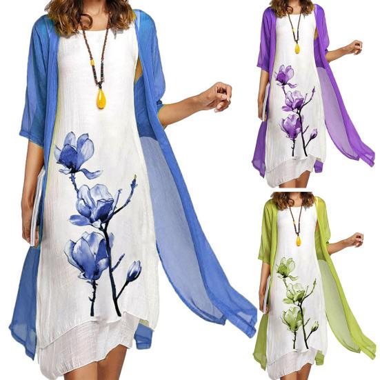 2Pcs/Set Spring Autumn Women Retro Flower Print Irregular Hem Vest Dress Solid Color Half Sleeve Shawl Coat Elegant Outfit