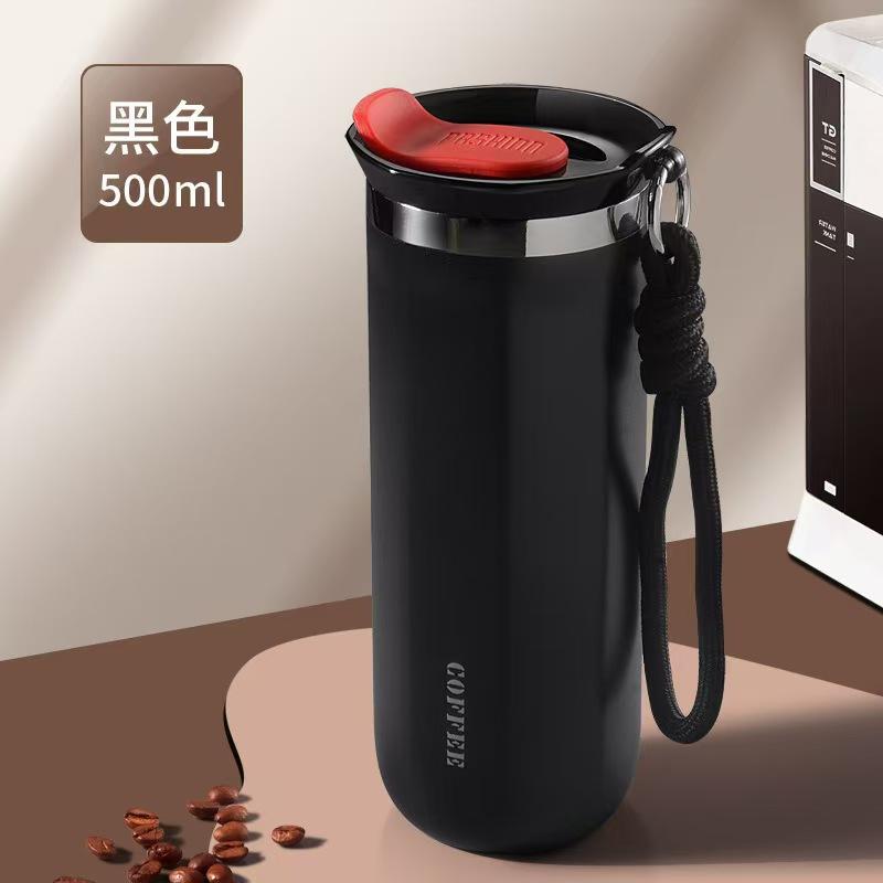 Double-Layer Vacuum-Insulated Coffee Mug with Pull-Up Handle 304 Stainless Steel Thermos Outdoor Portable Sports Water Bottle Solid Color Water Cup