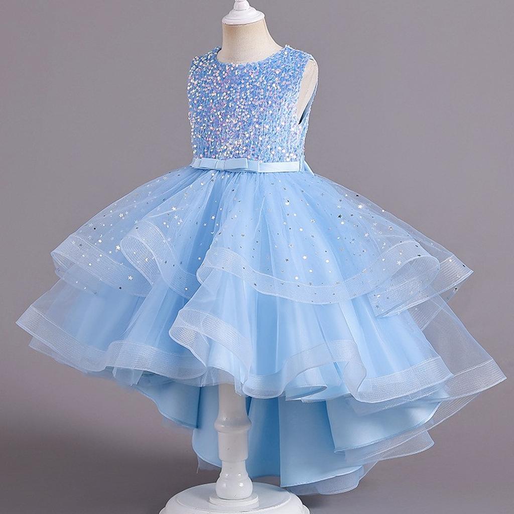 Children's Dress Princess Dress With Bow Solid Color Sequin Performance Cake Dress