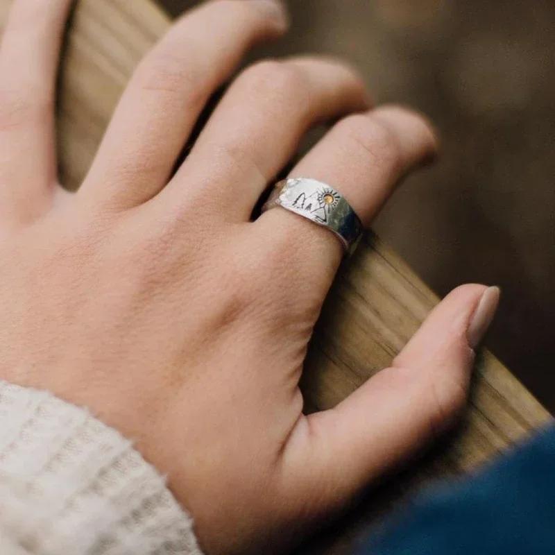 Vintage Ring Forest Mountain Sunset Nature Landscape Carved Ring for Women Men Open Adjustable Jewelry Fashion Ring