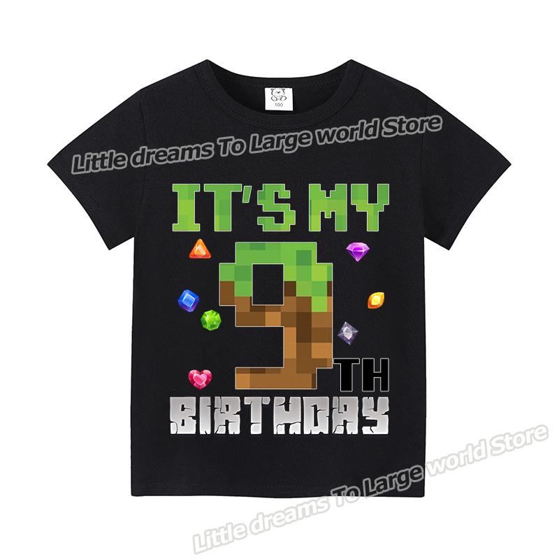 Miner Crafting Number T-shirt Pixels 1-9 Birthday Party Supplies Short Sleeve Tee Boys Girls Summer Clothing Simple Base Tshirt
