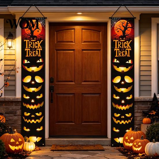 Party Atmosphere Decoration Halloween Porch Sign Banner, Pumpkin Ghost Awning Hanging Wall Supplies Door Decoration, Front Wreath Banner Yard