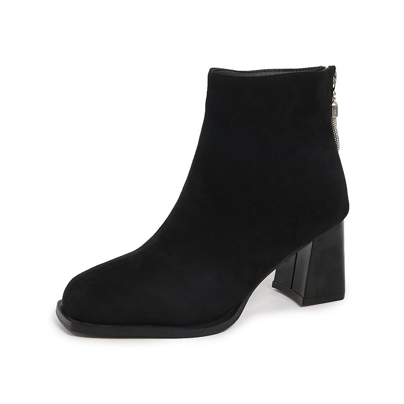 2025 autumn and winter new French medium heel thick heel short boots women's Korean version rear zipper square head suede fashion women's boots tide