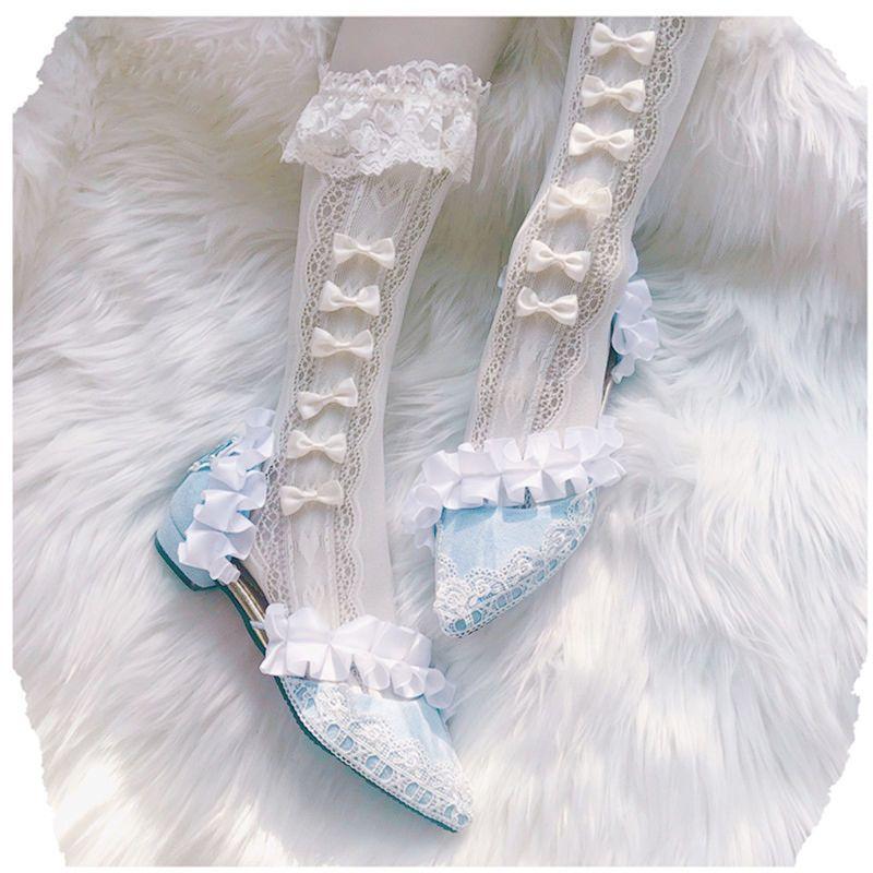 Cute Girly Sexy Lolita Lace Ruffle Knee High Calf Socks Summer Thin