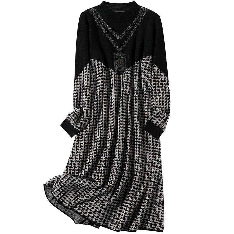 Casual Solid-color Mid-length Knitted Dress for Women Autumn and Winter Long-sleeved French Checkered A-line Sweater Dress Pulloversr