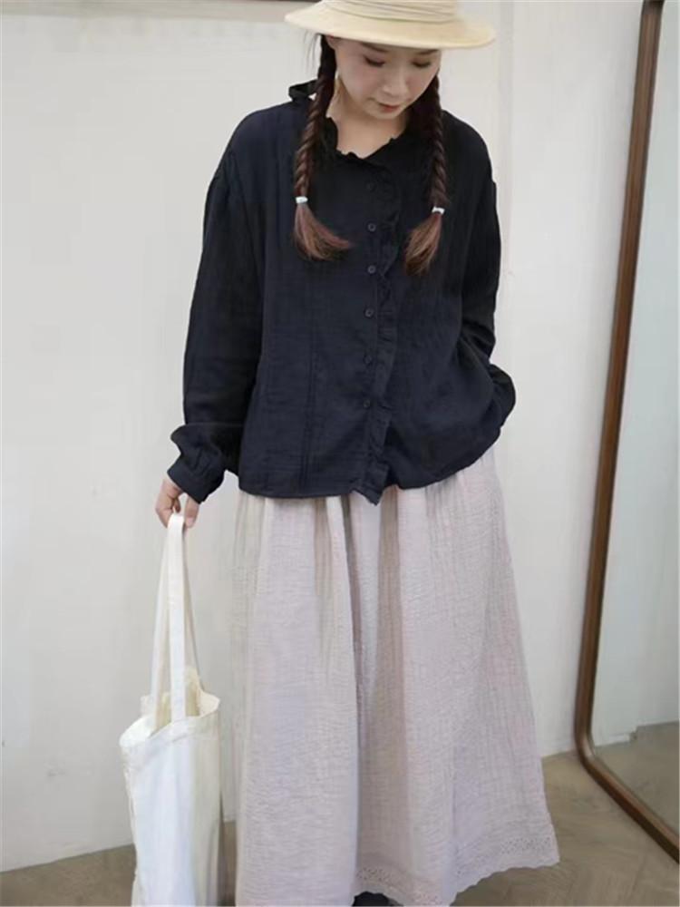 

Johnature Vintage Shirt Women Spring V-neck Fungus Edge Single-breasted Casual Top Women One Size чорний