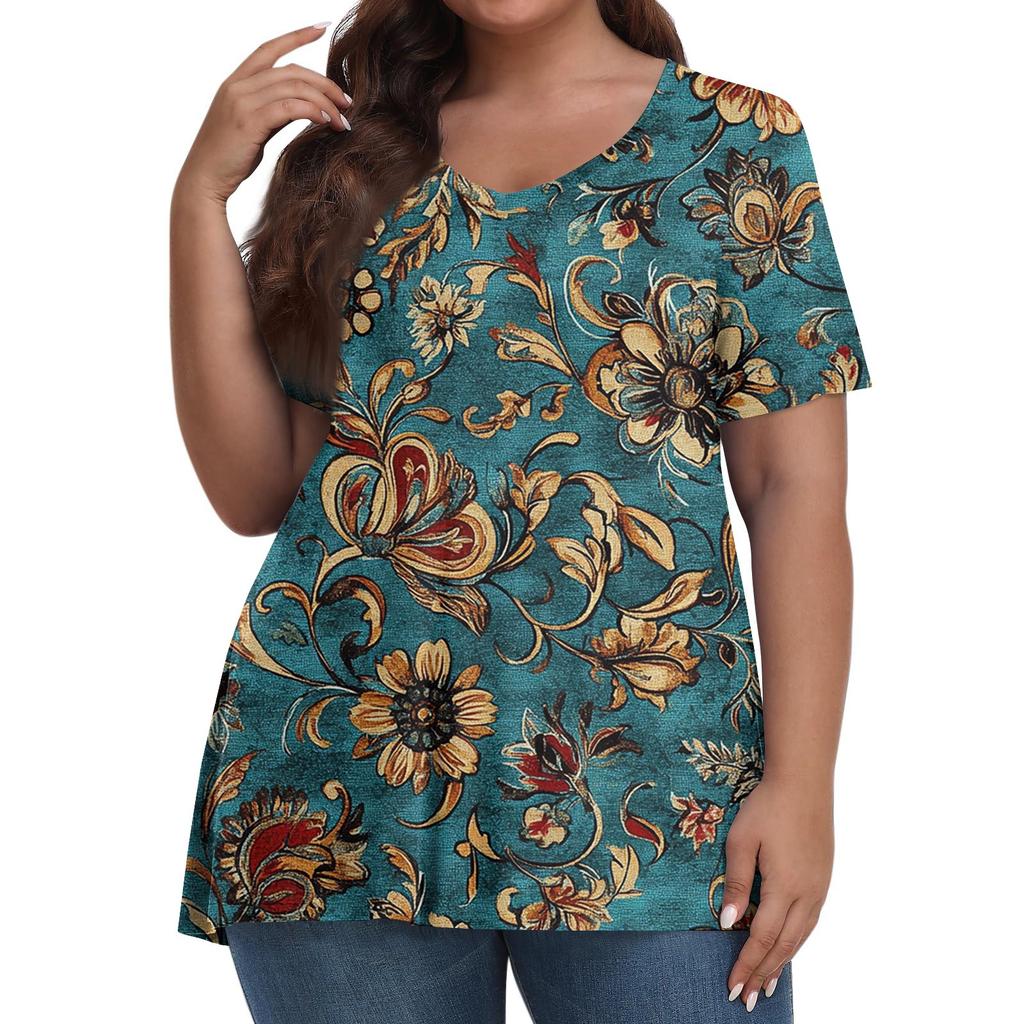 Women's Fashion Casual V-Neck Pullover Short Sleeve Large Size Vintage Printed Top