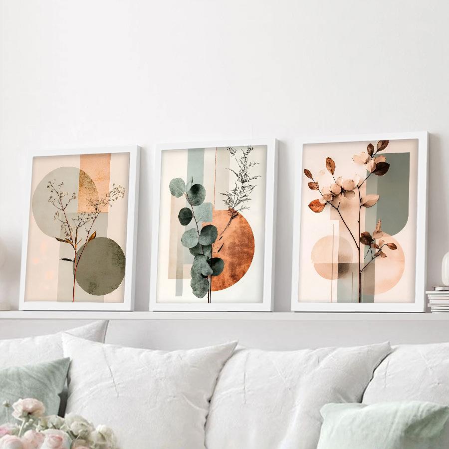 3pcs/set Geometric Plant Art Oil Painting Canvas with Wood Frame Draw Wall Decor Home Room Decorations