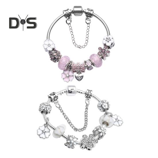 Women Bangle Multi Flower Clover Pendant Secure Closure Rhinestone Decor Alloy Adjustable Bracelet Prom Dating Work Wrist Jewelry