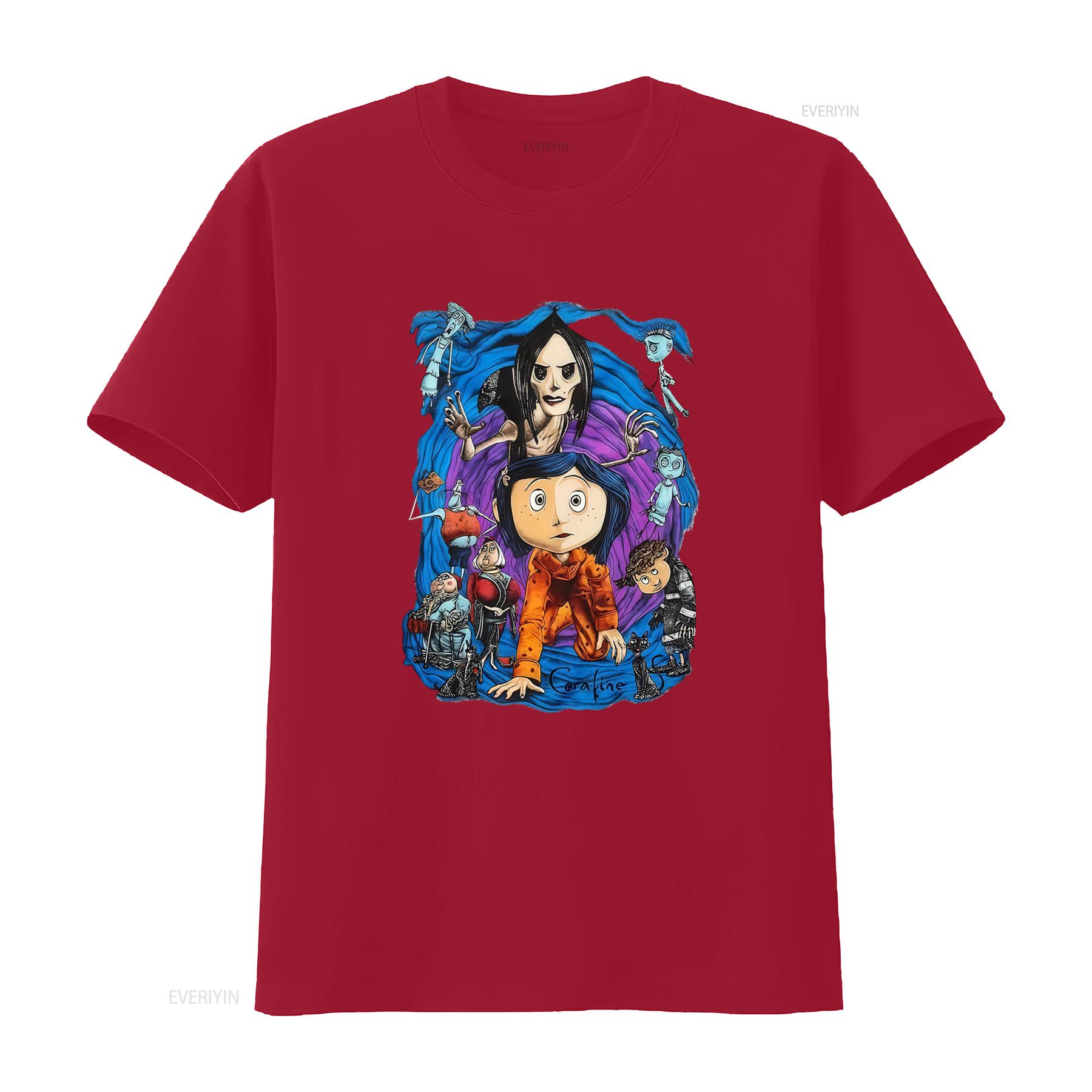 Coraline Movie Promo Poster Design T Shirt Unique Print for Fans vintage Washed Soft fashion Unisex Comfortable streetwear S