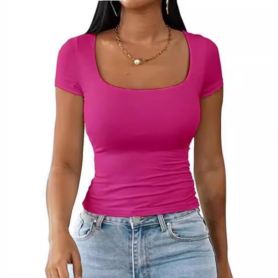 Dames 2025 Sommer U-hals Slim Casual T-skjorte - Kort Ermet Mote Pullover