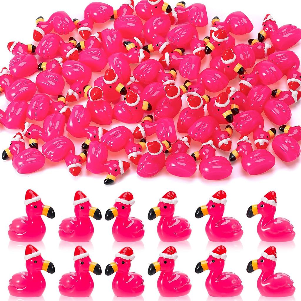 10/20PCS Mini Resin Hot Pink Flamingo with Santa Hat Christmas Xmas Ornaments For DIY Fairy Garden Home Holiday Party Decor Gift
