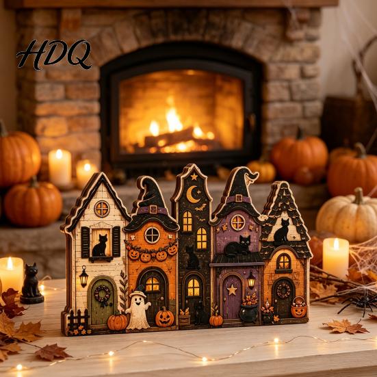 Halloween Wooden House Decorations Retro Haunted Village Tabletop Decor Fall Farmhouse Witch Distressed Wood Crafts Ornament Ghost Town Centerpiece