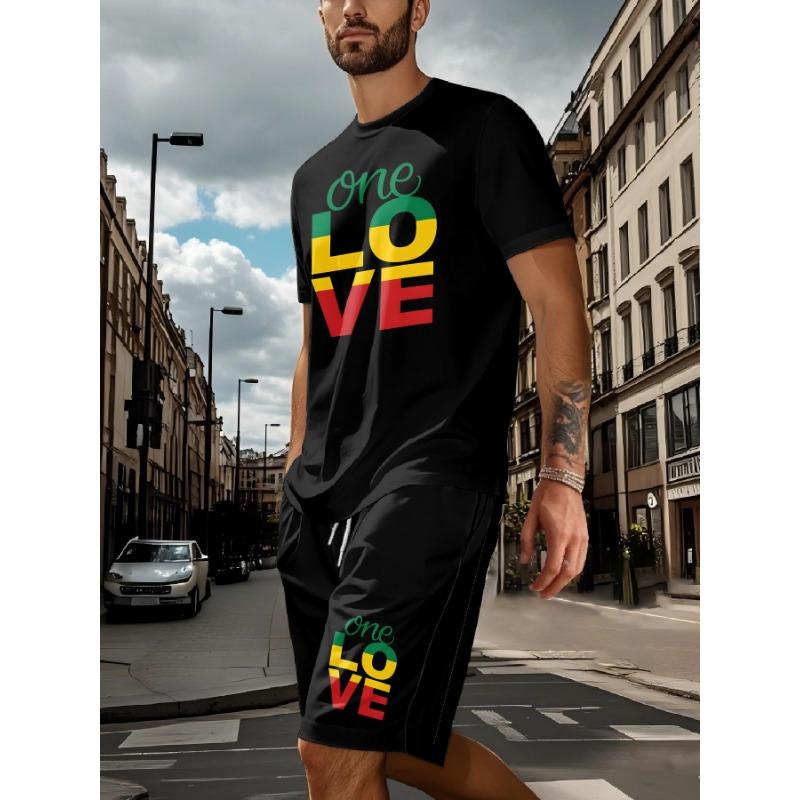 2026 New Summer Men's Casual Loose-Fit Set Two-Piece Set with Oversized Letter Print Round-Neck Short-Sleeve Top and Shorts