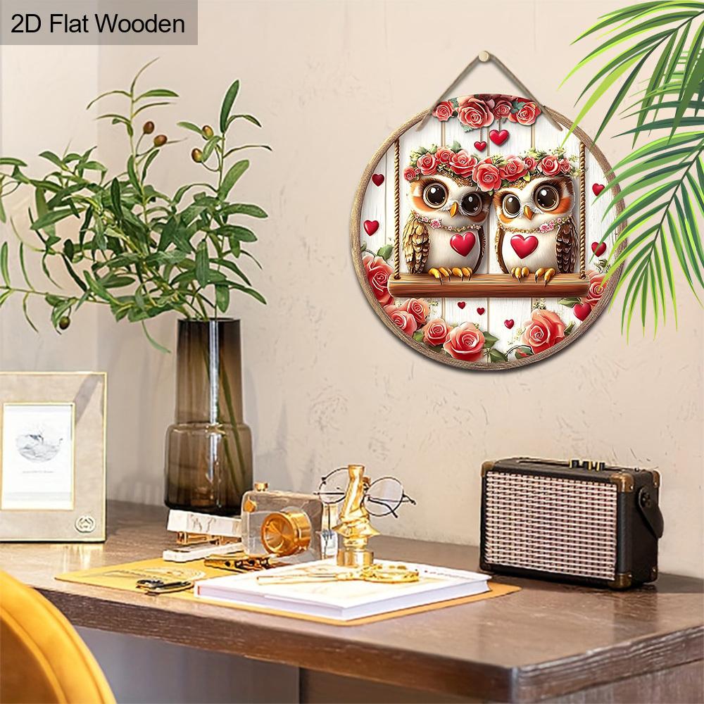 Valentine's Day Wooden Sign with Adorable Couple Owls & Rose Pattern, Round Sign for Front Door Wall Hanging Decor, Ideal Gift for Valentine