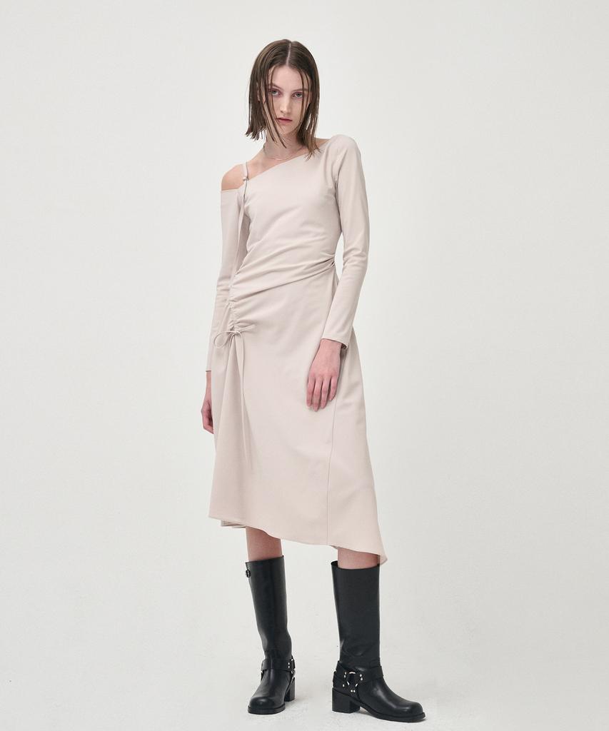 Etmont One Off Shoulder Shirring Dress, Beige