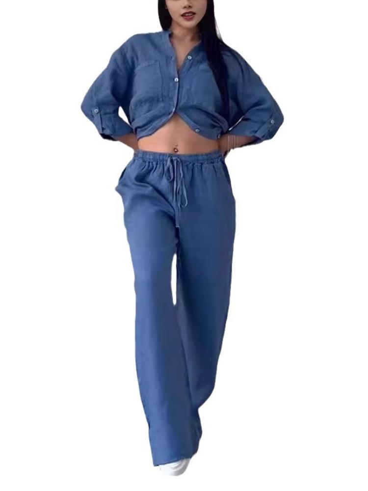 Set casual in cotone e lino tinta unita: camicia e pantaloni a gamba larga con coulisse