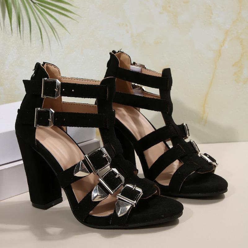 Fashion New Summer Cutout Temperament Sandals Women's Round Toe Open Toe Suede Metal Buckle Back Zipper Bag Heel Pump Shoes
