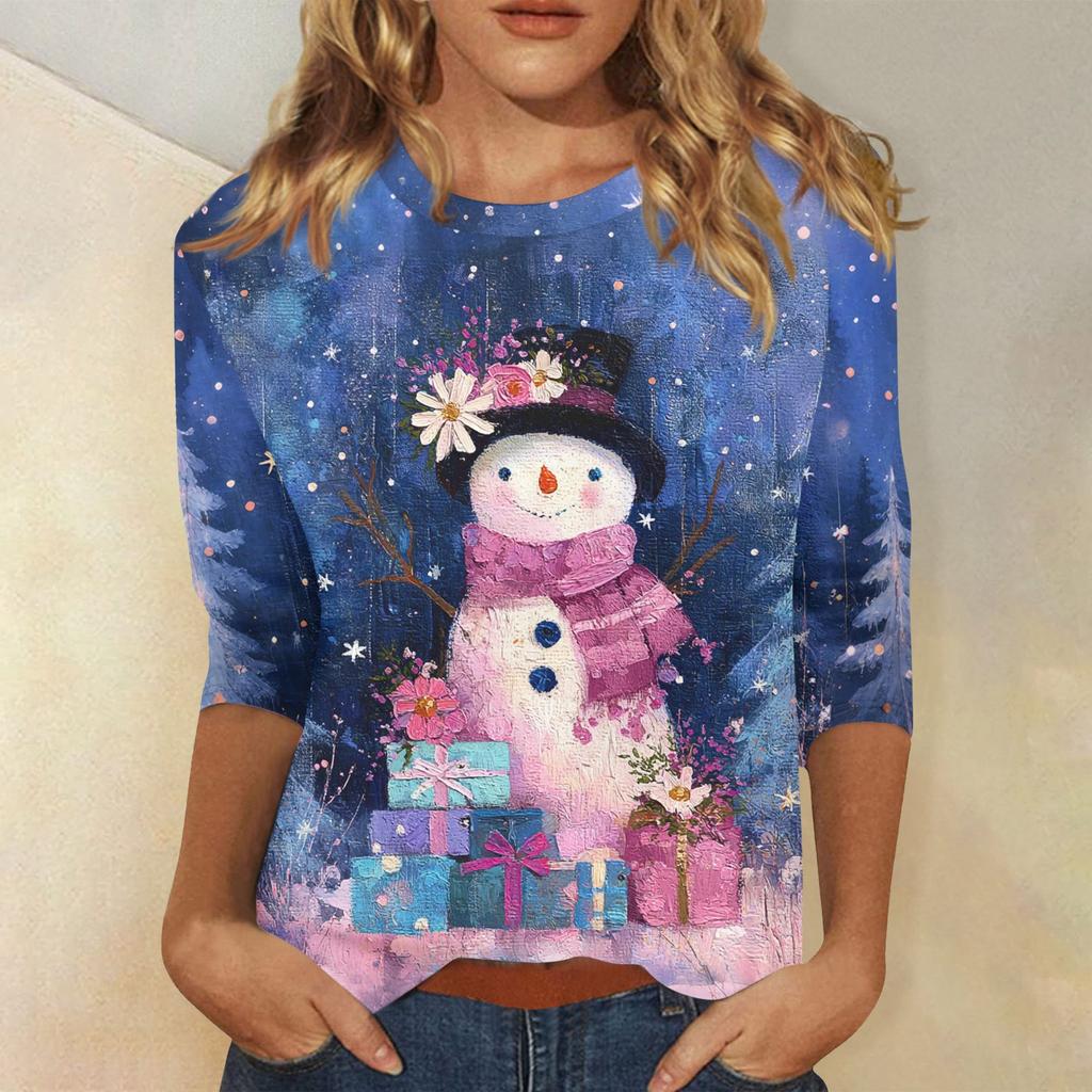 3/4 Sleeve Shirts For Women Print Christmas Tees Blouses Casual Plus Size Basic Tops Pullover